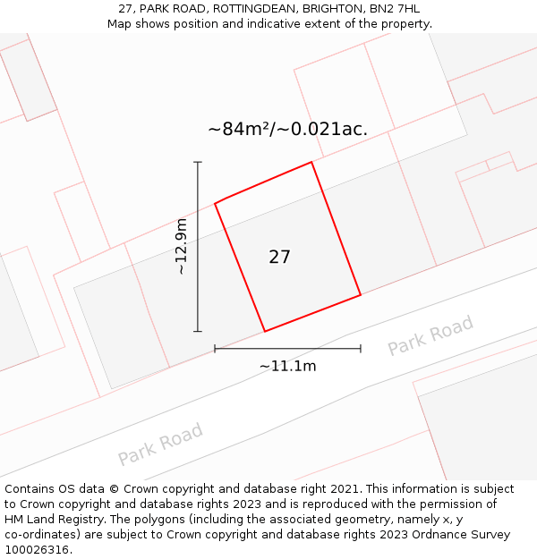 27, PARK ROAD, ROTTINGDEAN, BRIGHTON, BN2 7HL: Plot and title map