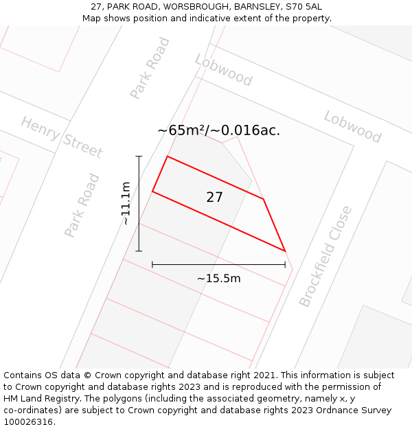 27, PARK ROAD, WORSBROUGH, BARNSLEY, S70 5AL: Plot and title map