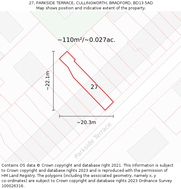 27, PARKSIDE TERRACE, CULLINGWORTH, BRADFORD, BD13 5AD: Plot and title map