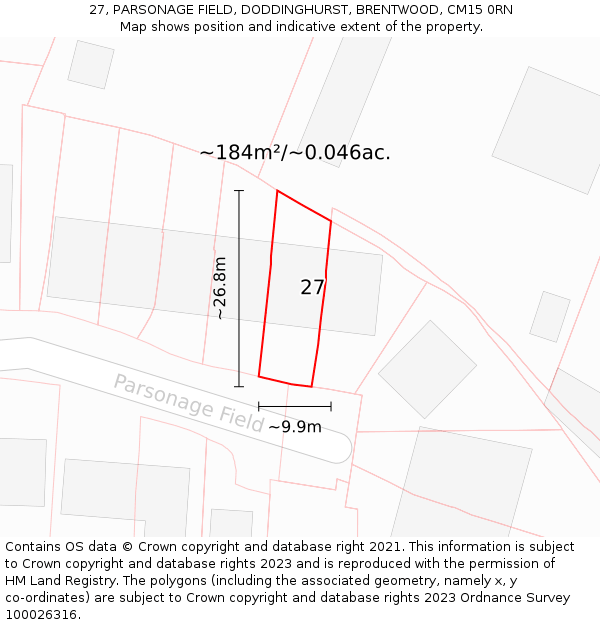 27, PARSONAGE FIELD, DODDINGHURST, BRENTWOOD, CM15 0RN: Plot and title map