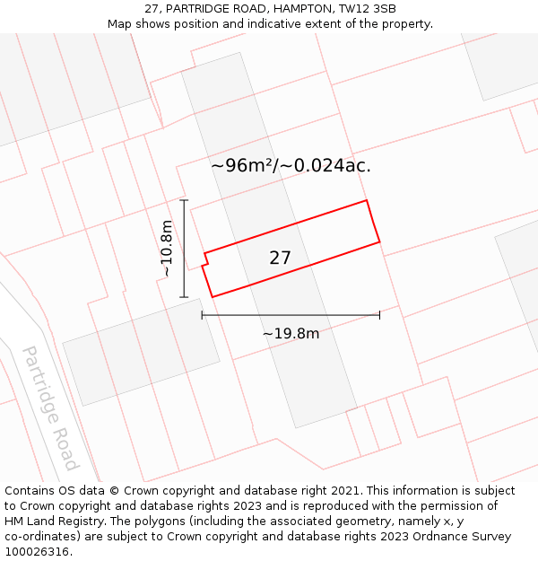 27, PARTRIDGE ROAD, HAMPTON, TW12 3SB: Plot and title map