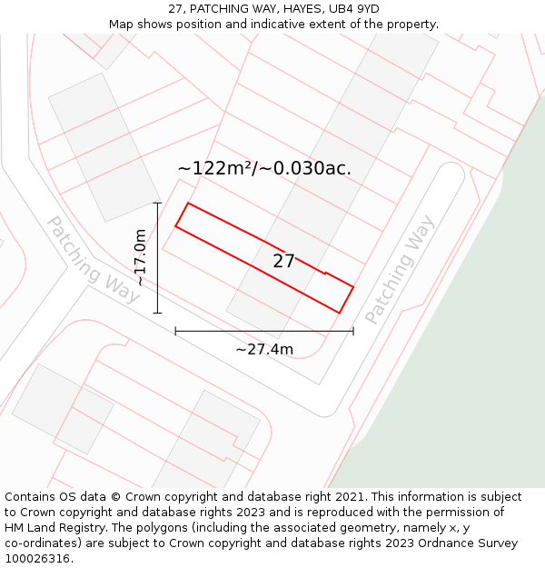 27, PATCHING WAY, HAYES, UB4 9YD: Plot and title map