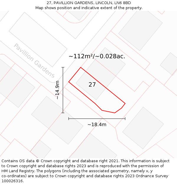 27, PAVILLION GARDENS, LINCOLN, LN6 8BD: Plot and title map