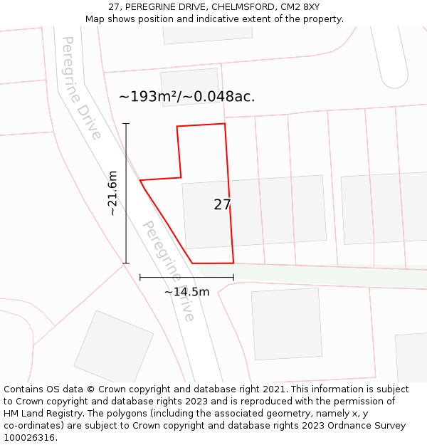 27, PEREGRINE DRIVE, CHELMSFORD, CM2 8XY: Plot and title map