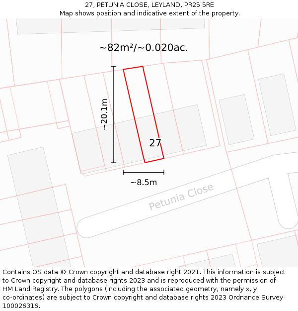 27, PETUNIA CLOSE, LEYLAND, PR25 5RE: Plot and title map