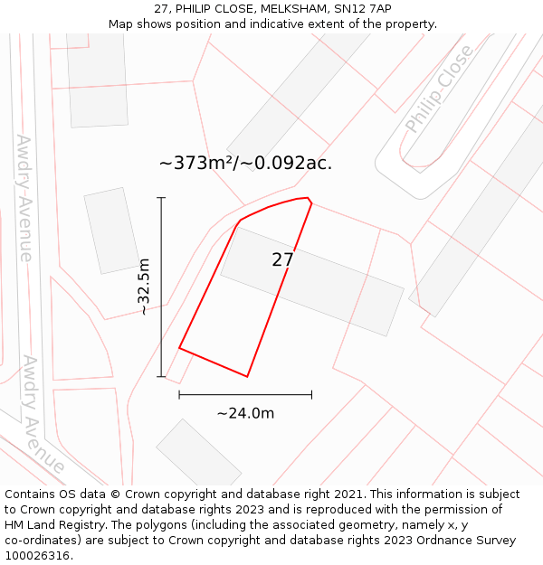27, PHILIP CLOSE, MELKSHAM, SN12 7AP: Plot and title map