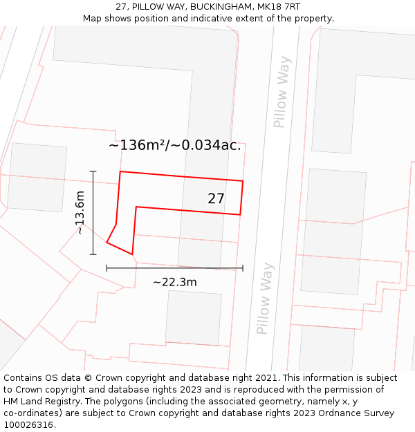 27, PILLOW WAY, BUCKINGHAM, MK18 7RT: Plot and title map