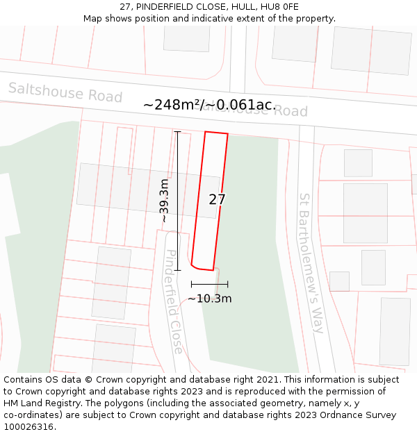 27, PINDERFIELD CLOSE, HULL, HU8 0FE: Plot and title map