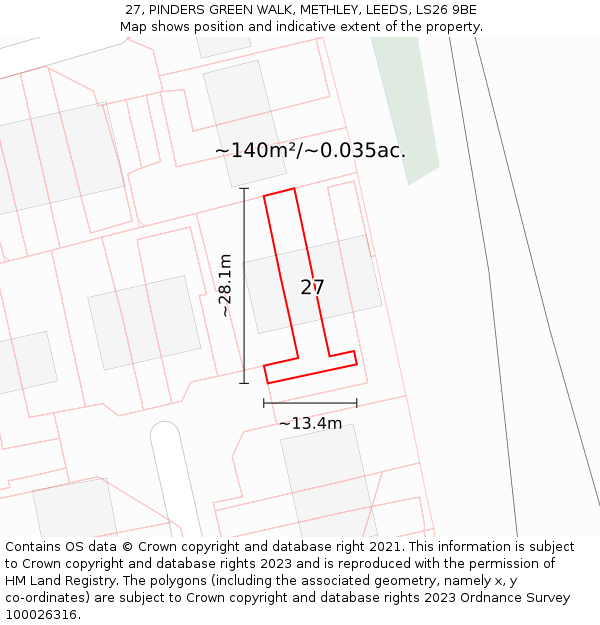 27, PINDERS GREEN WALK, METHLEY, LEEDS, LS26 9BE: Plot and title map