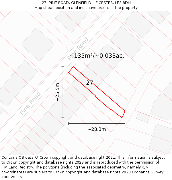 27, PINE ROAD, GLENFIELD, LEICESTER, LE3 8DH: Plot and title map