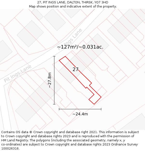 27, PIT INGS LANE, DALTON, THIRSK, YO7 3HD: Plot and title map
