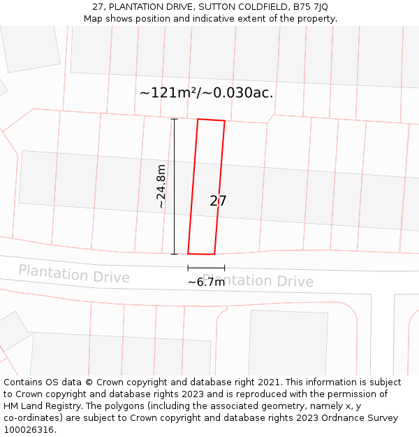 27, PLANTATION DRIVE, SUTTON COLDFIELD, B75 7JQ: Plot and title map