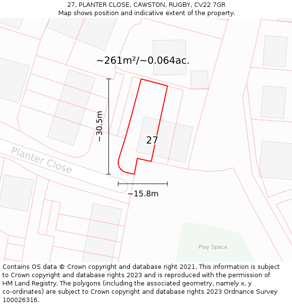 27, PLANTER CLOSE, CAWSTON, RUGBY, CV22 7GR: Plot and title map
