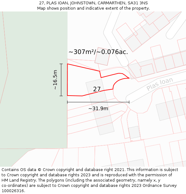 27, PLAS IOAN, JOHNSTOWN, CARMARTHEN, SA31 3NS: Plot and title map