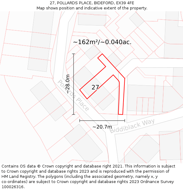27, POLLARDS PLACE, BIDEFORD, EX39 4FE: Plot and title map