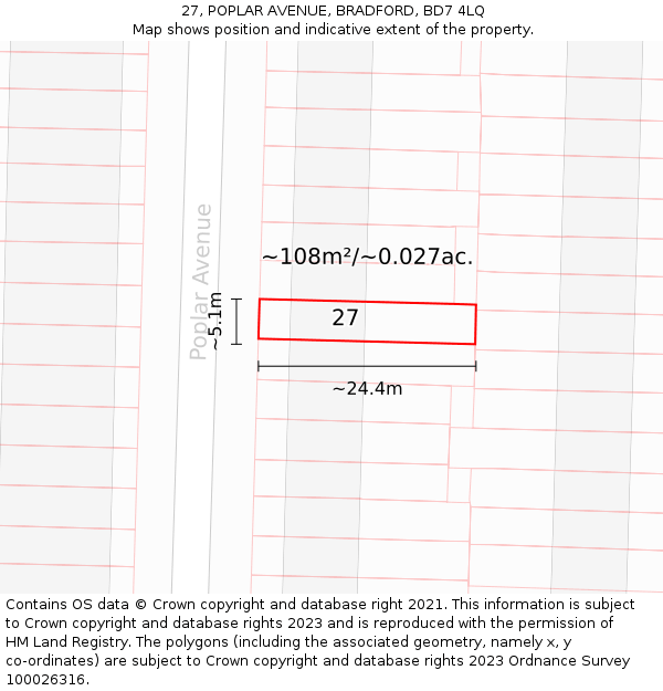 27, POPLAR AVENUE, BRADFORD, BD7 4LQ: Plot and title map