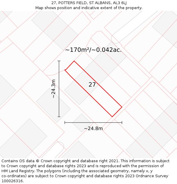 27, POTTERS FIELD, ST ALBANS, AL3 6LJ: Plot and title map