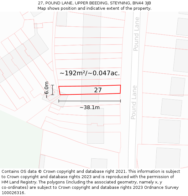 27, POUND LANE, UPPER BEEDING, STEYNING, BN44 3JB: Plot and title map