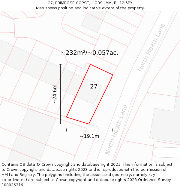 27, PRIMROSE COPSE, HORSHAM, RH12 5PY: Plot and title map
