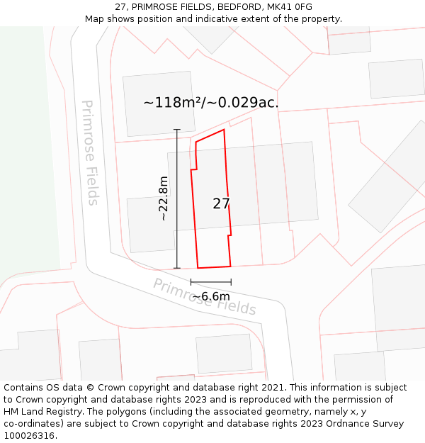 27, PRIMROSE FIELDS, BEDFORD, MK41 0FG: Plot and title map