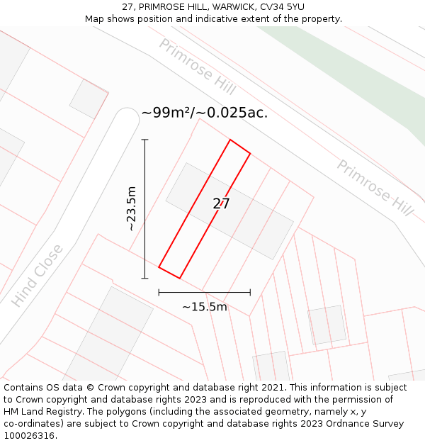 27, PRIMROSE HILL, WARWICK, CV34 5YU: Plot and title map