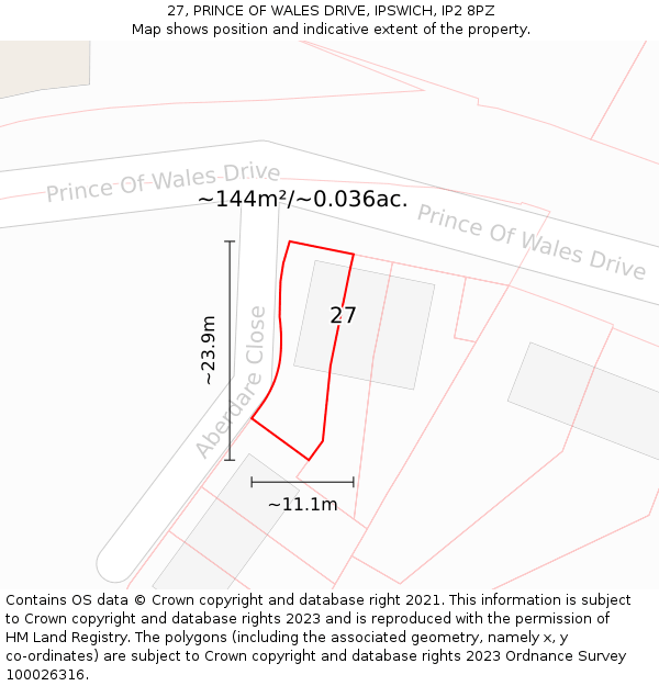 27, PRINCE OF WALES DRIVE, IPSWICH, IP2 8PZ: Plot and title map