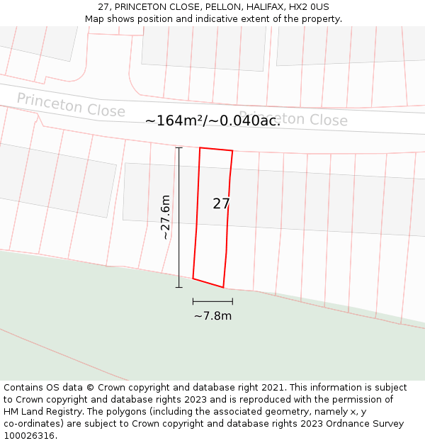 27, PRINCETON CLOSE, PELLON, HALIFAX, HX2 0US: Plot and title map