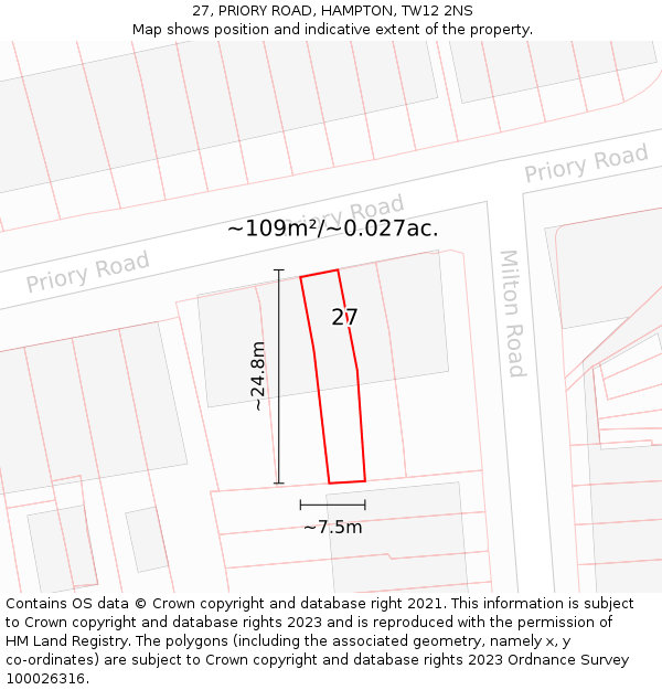 27, PRIORY ROAD, HAMPTON, TW12 2NS: Plot and title map
