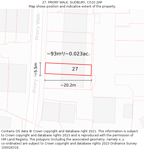 27, PRIORY WALK, SUDBURY, CO10 2AP: Plot and title map