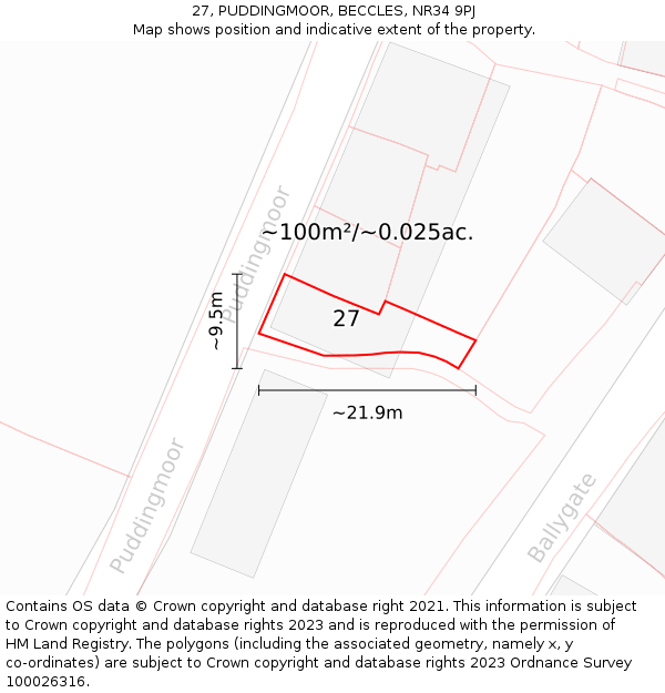 27, PUDDINGMOOR, BECCLES, NR34 9PJ: Plot and title map