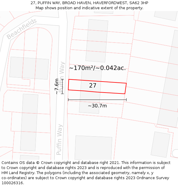 27, PUFFIN WAY, BROAD HAVEN, HAVERFORDWEST, SA62 3HP: Plot and title map
