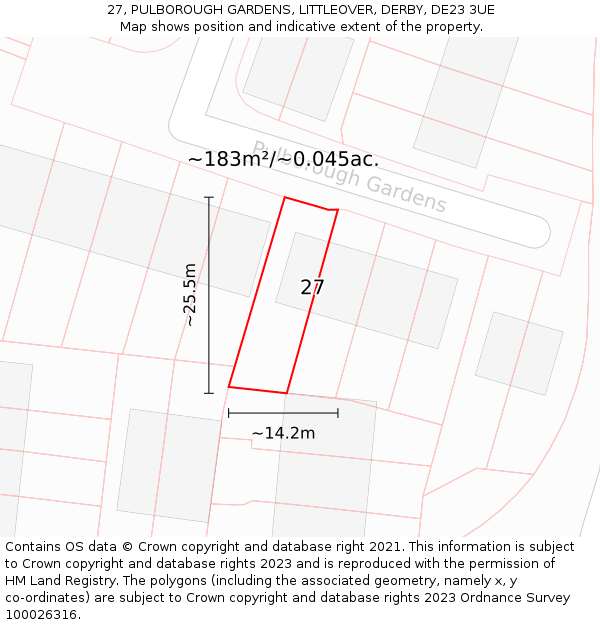 27, PULBOROUGH GARDENS, LITTLEOVER, DERBY, DE23 3UE: Plot and title map