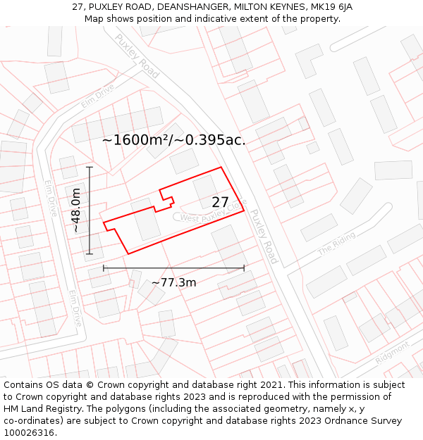 27, PUXLEY ROAD, DEANSHANGER, MILTON KEYNES, MK19 6JA: Plot and title map