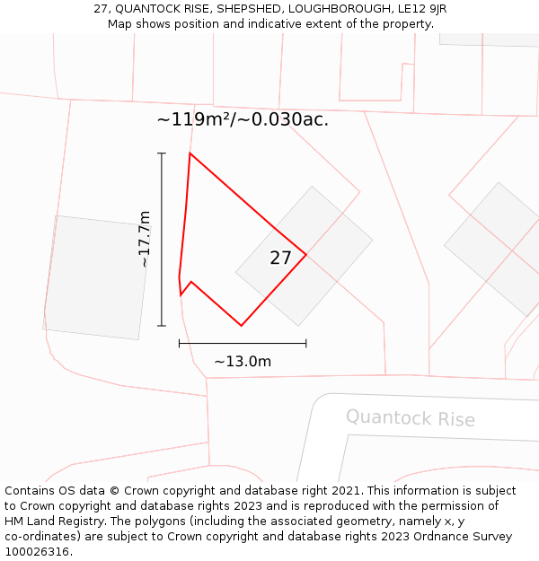 27, QUANTOCK RISE, SHEPSHED, LOUGHBOROUGH, LE12 9JR: Plot and title map