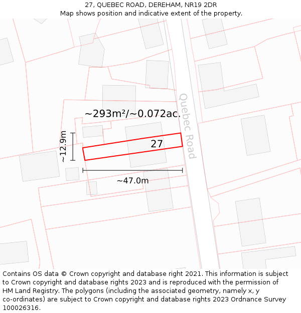 27, QUEBEC ROAD, DEREHAM, NR19 2DR: Plot and title map