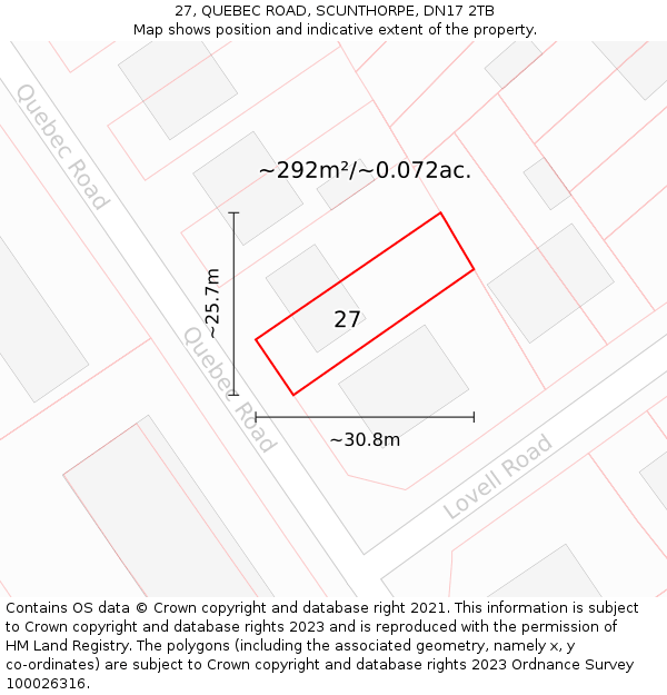 27, QUEBEC ROAD, SCUNTHORPE, DN17 2TB: Plot and title map