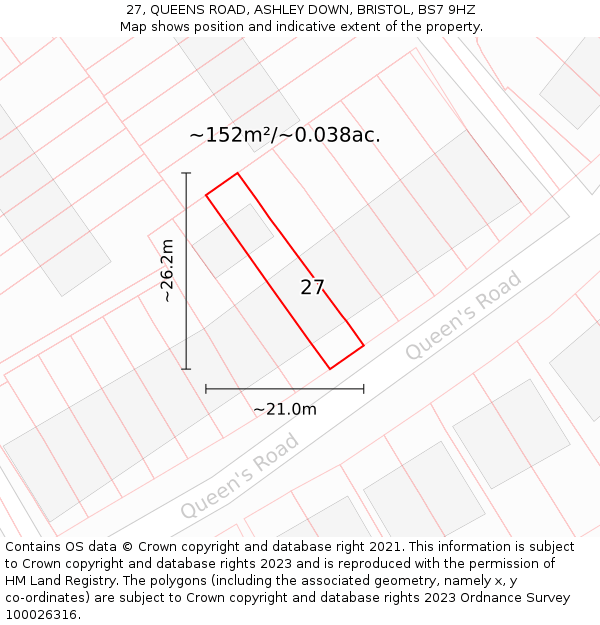 27, QUEENS ROAD, ASHLEY DOWN, BRISTOL, BS7 9HZ: Plot and title map