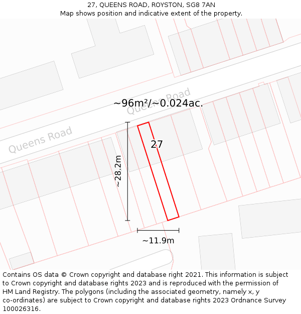 27, QUEENS ROAD, ROYSTON, SG8 7AN: Plot and title map