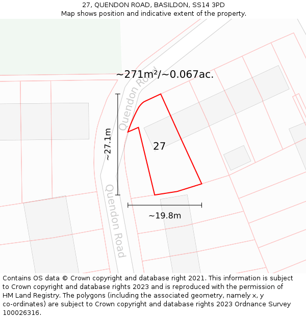 27, QUENDON ROAD, BASILDON, SS14 3PD: Plot and title map