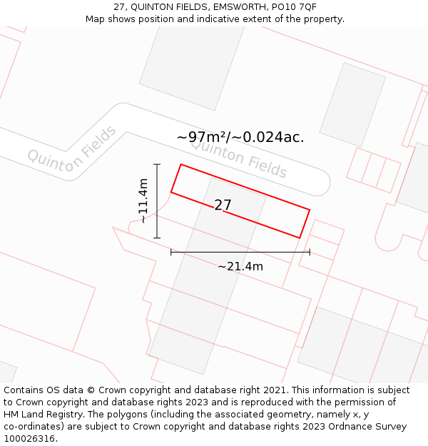 27, QUINTON FIELDS, EMSWORTH, PO10 7QF: Plot and title map