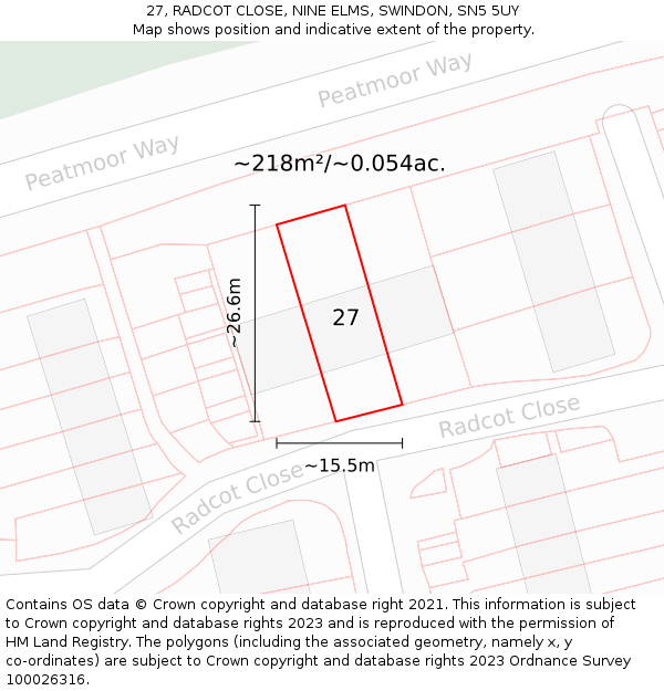 27, RADCOT CLOSE, NINE ELMS, SWINDON, SN5 5UY: Plot and title map