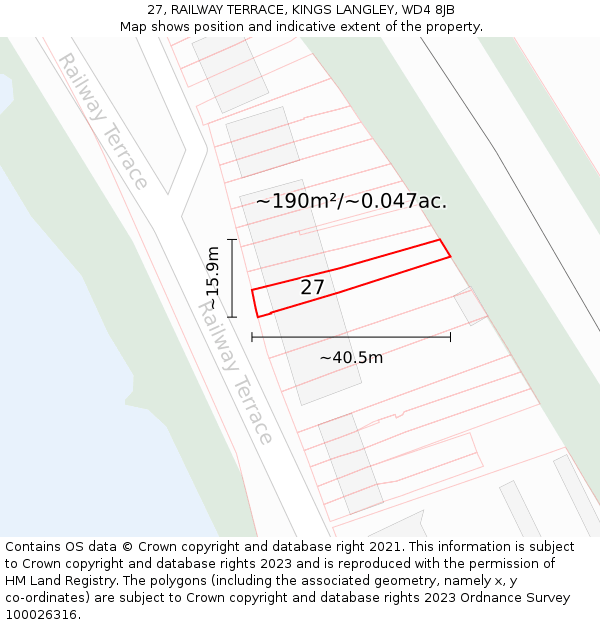 27, RAILWAY TERRACE, KINGS LANGLEY, WD4 8JB: Plot and title map