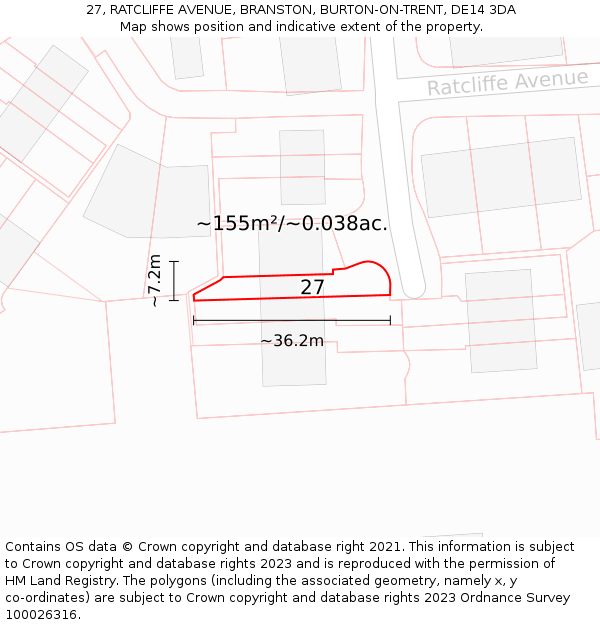 27, RATCLIFFE AVENUE, BRANSTON, BURTON-ON-TRENT, DE14 3DA: Plot and title map