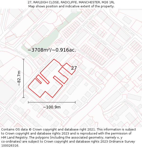 27, RAYLEIGH CLOSE, RADCLIFFE, MANCHESTER, M26 1RL: Plot and title map