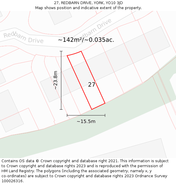 27, REDBARN DRIVE, YORK, YO10 3JD: Plot and title map