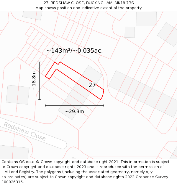 27, REDSHAW CLOSE, BUCKINGHAM, MK18 7BS: Plot and title map