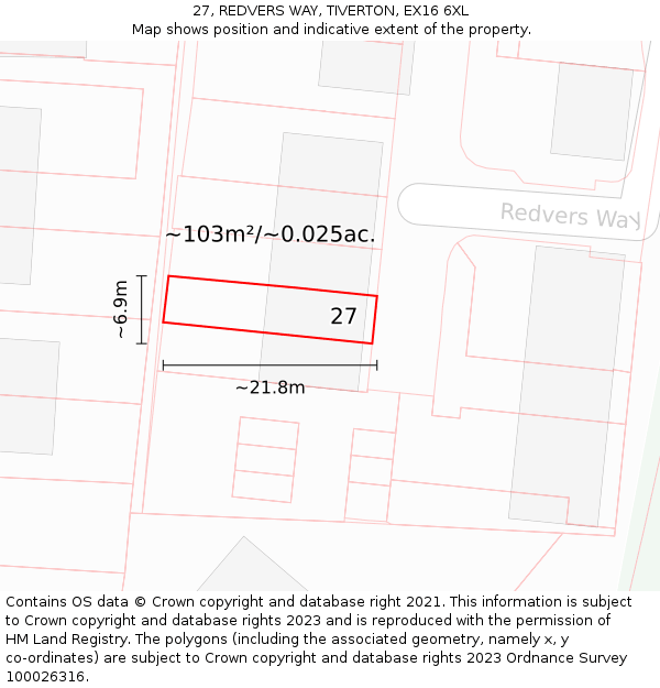 27, REDVERS WAY, TIVERTON, EX16 6XL: Plot and title map