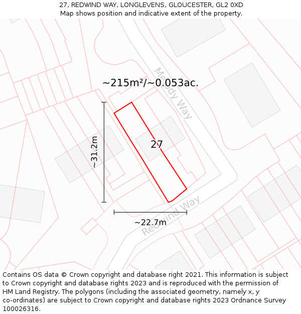 27, REDWIND WAY, LONGLEVENS, GLOUCESTER, GL2 0XD: Plot and title map