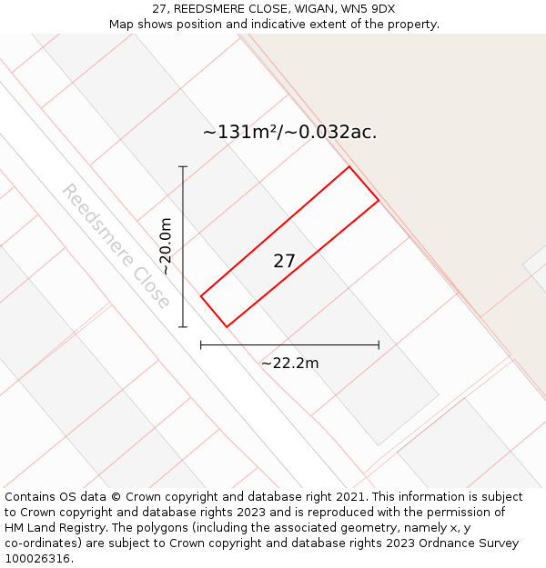 27, REEDSMERE CLOSE, WIGAN, WN5 9DX: Plot and title map