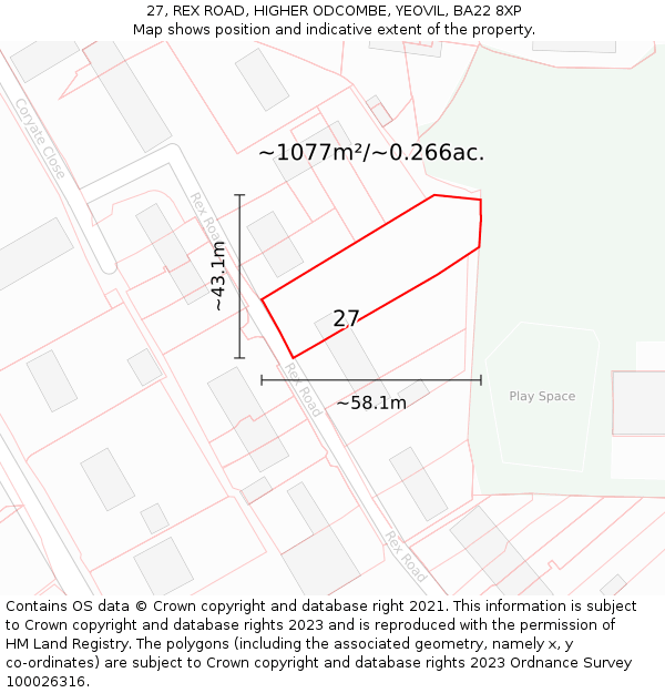 27, REX ROAD, HIGHER ODCOMBE, YEOVIL, BA22 8XP: Plot and title map